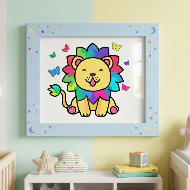 Foto Dibujo animado de león Kawaii sonriente con maripo (Cute smiling Kawaii Lion with Butterflies Cartoon. Photo Print)
