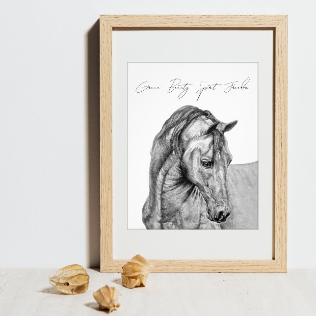Foto Dibujo de lápiz gráfico de arte de caballos en bla (Original horse pencil drawing, graphit pencil horse art print with personalized quote.)