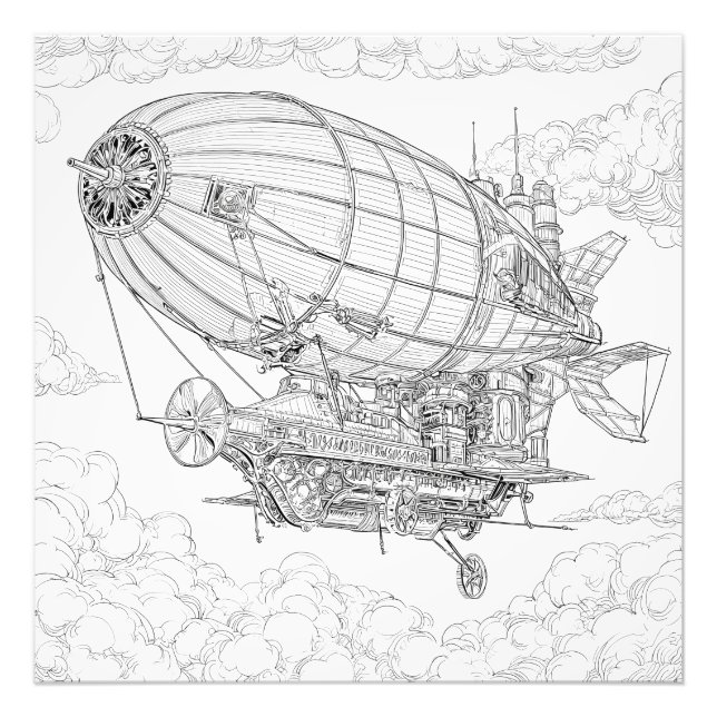 Foto Dibujo de un avión de Steampunk blanco y negro int (Frente)