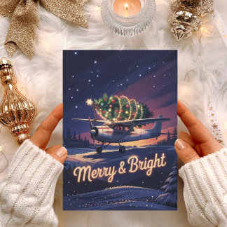 Foto divertida de avión vintage y árbol de Navidad