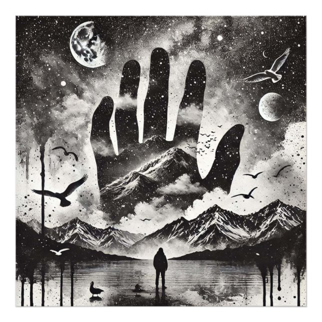 Foto Doble exposición de mano al cielo paisajístico de  (Frente)