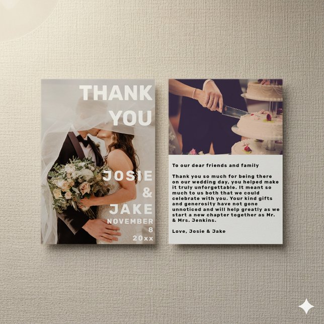 Foto doble grande y audaz boda tarjeta de agradeci (Double photo big and bold wedding thank you card with 2 photos and message.)