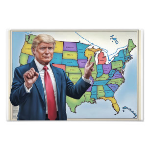 Foto Donald Trump frente a alterada obra de mapas de Es