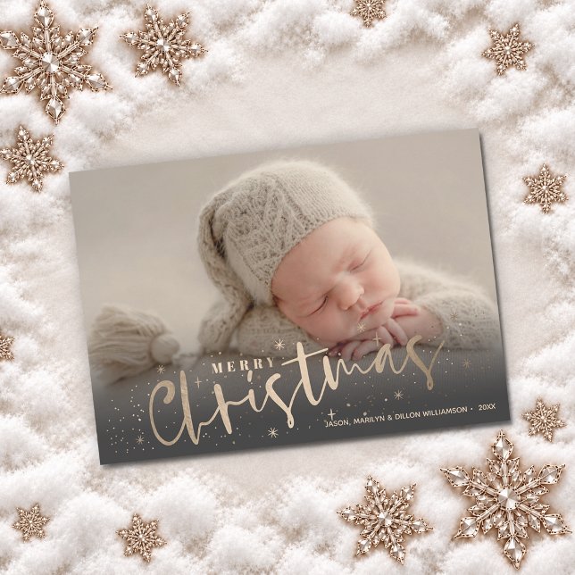 Foto dorada de Feliz Navidad (Faux gold Merry Christmas and stars photo holiday cards, PRINTED and/or INSTANT DOWNLOAD)