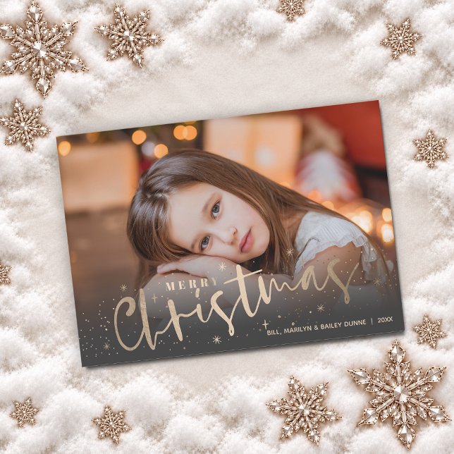 Foto dorada de Feliz Navidad (Faux gold Merry Christmas and stars photo holiday cards, PRINTED and/or INSTANT DOWNLOAD)