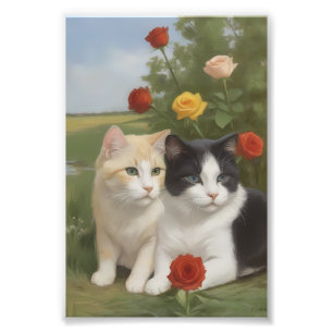 Foto Dos Gatos en un Colorido Jardín de Rosas