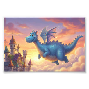 Foto Dragón Azul Adorable Volando Sobre Castillo 