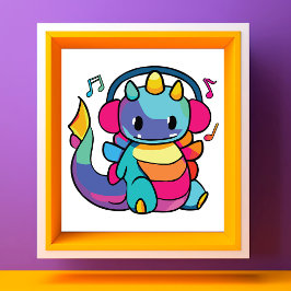 Foto Dragón feliz con auriculares escuchando música.