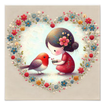 Dulce Robin y Corazón Floral de Niña Pequeña