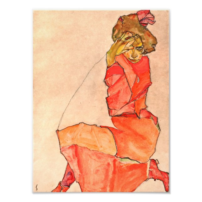 Foto Egon Schiele - Mujer arrodillada Con Vestido Rojo  (Frente)