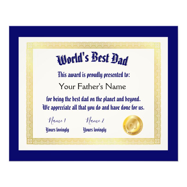 Foto El mejor certificado de papá de un mundo gracioso (Frente)
