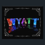 Foto El nombre Wyatt - Nombre en Luces (Fotografía)<br><div class="desc">¡Un poco de magia para el Wyatt en tu vida! El nombre Wyatt se refleja en el agua residual, con hexágonos de Relieve metalizado flotante. Las letras parecen esculpidas de hielo o cristal. Esta imagen es una fotografía de cartas hechas a mano, que cambian al azar, produciendo patrones únicos y...</div>