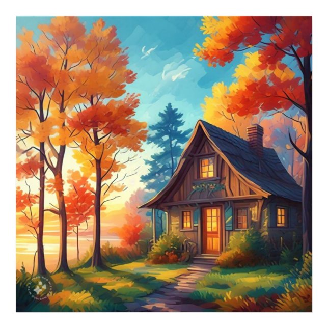 Foto El paisaje natural con una cabaña en el bosque (Frente)