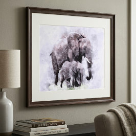 Foto Elefante africano hembra con cría Acuarela