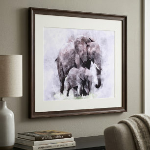 Foto Elefante africano hembra con cría Acuarela
