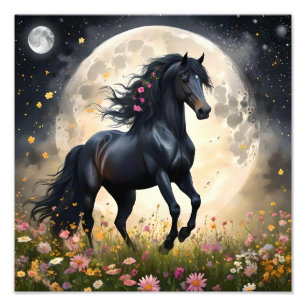 Foto Elegancia lunar: caballo negro de fantasía con lun