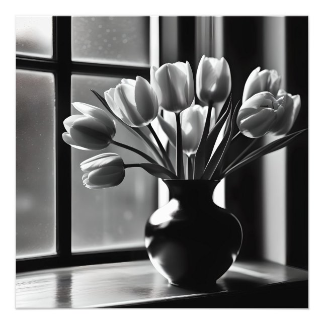 Foto "Elegancia monocroma: Vida fija del tulipán blanco (Frente)