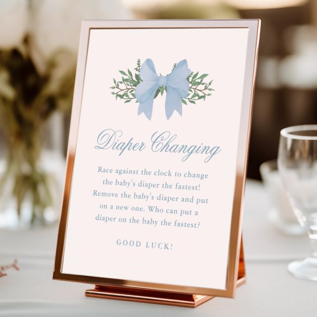 Foto Elegante Blue Bow Boys Baby Shower Diaper Changing (Elegant blue bow diaper changing baby shower game sign.)