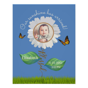 Foto Elegante Daisy Blue Floral Cute Baby Photo & Name