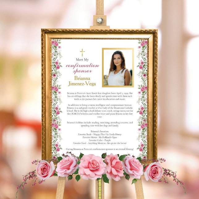 Foto Elegante Oro Rosa Conoce A Mi Patrocinador De Conf (Elegant Pink and Gold Rose Floral Greenery Confirmation Welcome Sign for Confirmation Sponsor)