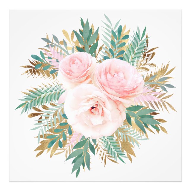 Foto Elegante Rubor rosa Roses Floral Mint Golden Leave (Frente)