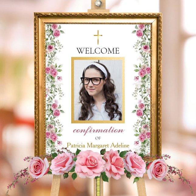 Foto Elegante signo de bienvenida de Rosa de oro rosado (Elegant pink rose and gold floral greenery confirmation baptism welcome sign for religious ceremony)