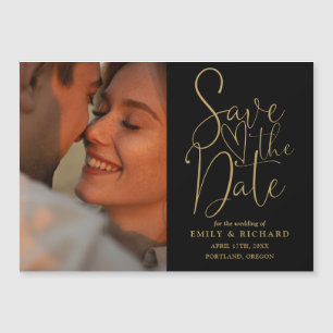 Foto en negro y dorado elegante tarjeta de boda pa
