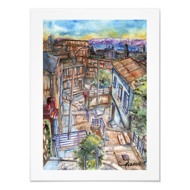 Foto Escalera al plan de Valparaíso (acuarela). (Frente)