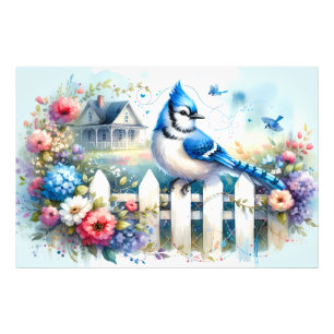 Foto Escena de jardín de cottage con cerca y arrendajo 