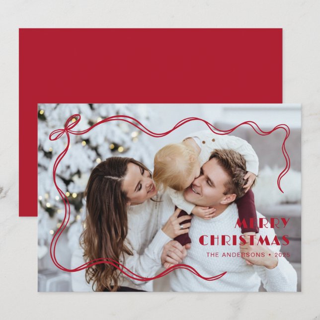 Foto familiar caprichosa de Navidad con cinta roja (Anverso / Reverso)