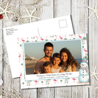 Foto familiar de flamenco rosa en Navidad tropical