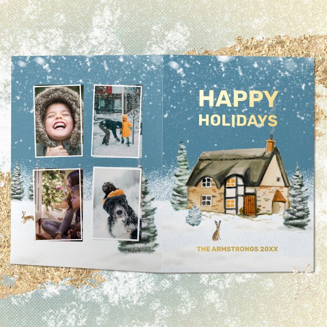 Foto familiar de la granja Winter Watercolor (Winter Watercolor Farmhouse Family Photo Foil Holiday Card ©Susanne Sachers - Sunny Mind 🌞)