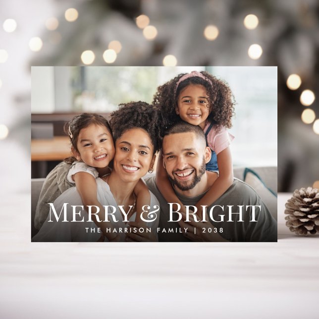 Foto Familiar de Navidad Alegre y Brillante (Merry And Bright Family Photo Christmas Holiday Card)