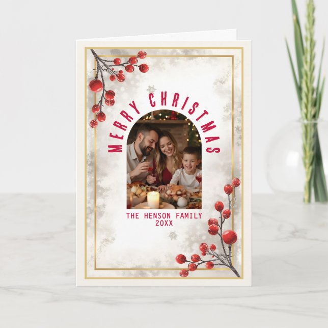 Foto Familiar de Navidad con Bayas Rojas Elegantes (Anverso)