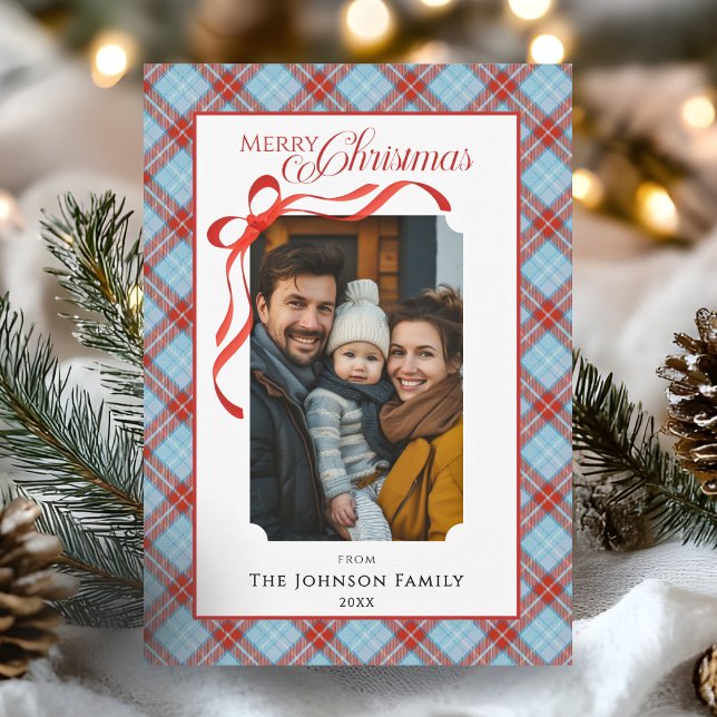 Foto Familiar de Navidad con Lazo de Cuadros Rojos (Plaid Bow Family Photo Merry Christmas Holiday Card)