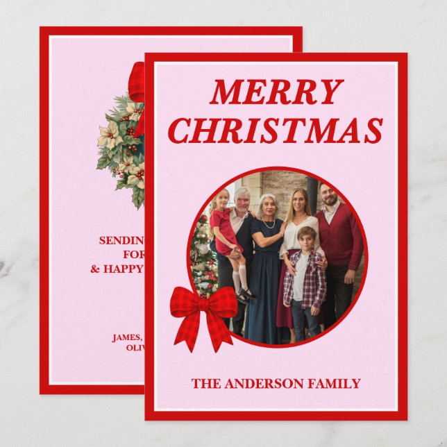 Foto Familiar de Navidad con Lazo de Gingham Rojo (Anverso / Reverso)