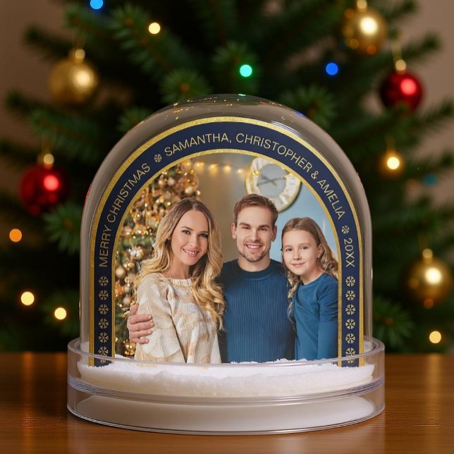 Foto Familiar de Navidad en Azul Marino con Dorado (Snow globe with Christmas tree)