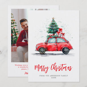 Foto familiar de vacaciones de Navidad con coche r