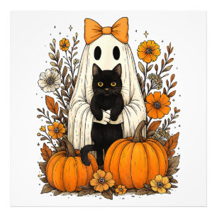 Foto Fantasma de Halloween sostiene gato negro