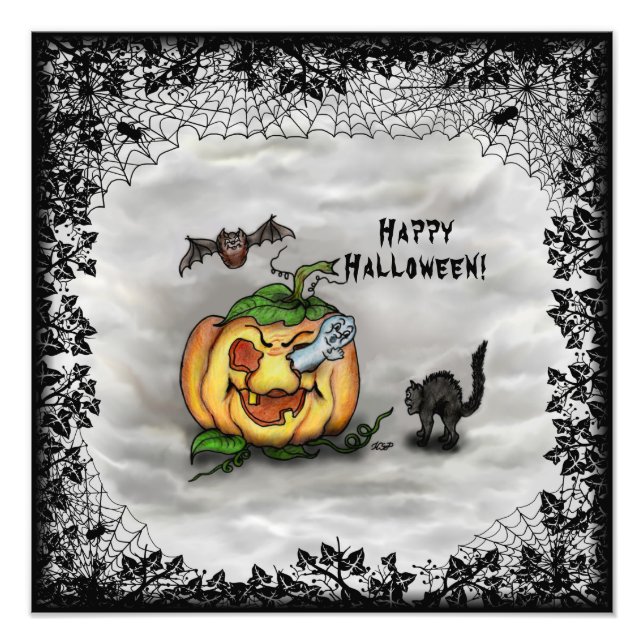 Foto Fantasma, Gato, Bat y Calabaza, ¡Feliz Halloween! (Frente)