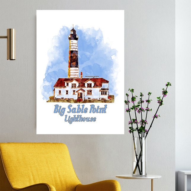 Foto Faro de Big Sable Point Acuarela - Míchigan (Big Sable Point Lighthouse Watercolor - Michigan. Photo Print)