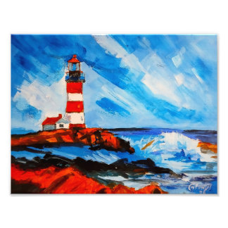 Foto Faro de rayas rojas y blancas olas costeras
