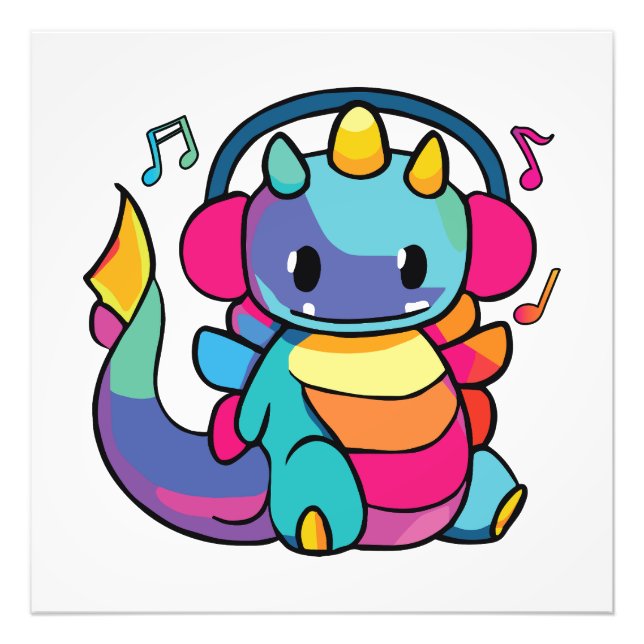 Foto Feliz dragón con auriculares escuchando música. (Frente)