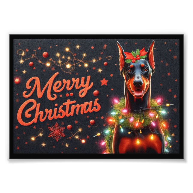 Foto Feliz Navidad Doberman Perro Twinkling Noches Luce (Frente)