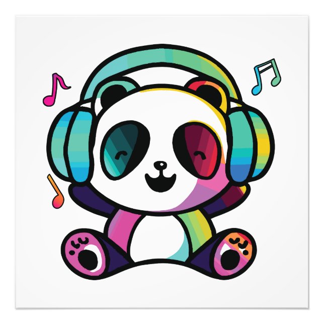 Foto Feliz Panda con auriculares escuchando música. (Frente)