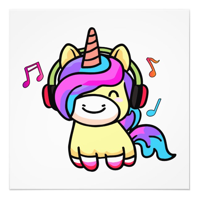 Foto Feliz sonriente bebé unicornio con auriculares. (Frente)