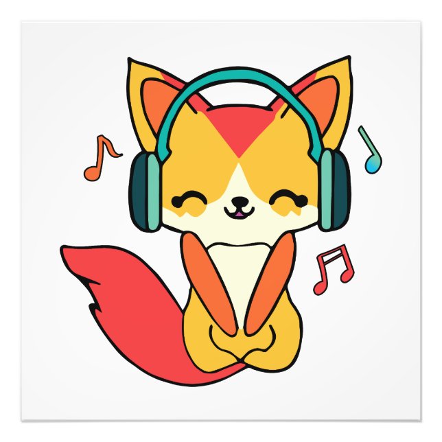 Foto Feliz zorro con auriculares escuchando música. (Frente)