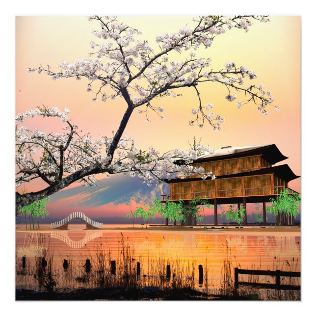 Foto Flor Tranquila: Atardecer sobre una casa de lago j (Frente)