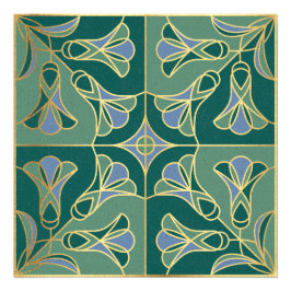 Foto Floral Art Decó Tile. Verde, azul y oro