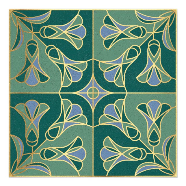 Foto Floral Art Decó Tile. Verde, azul y oro (Frente)